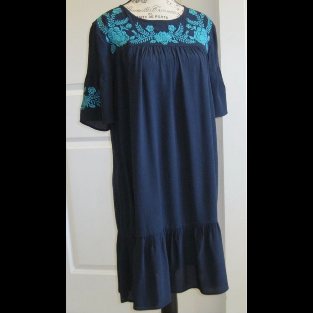 Loft - Navy Dress with Teal Embroidery - Size S